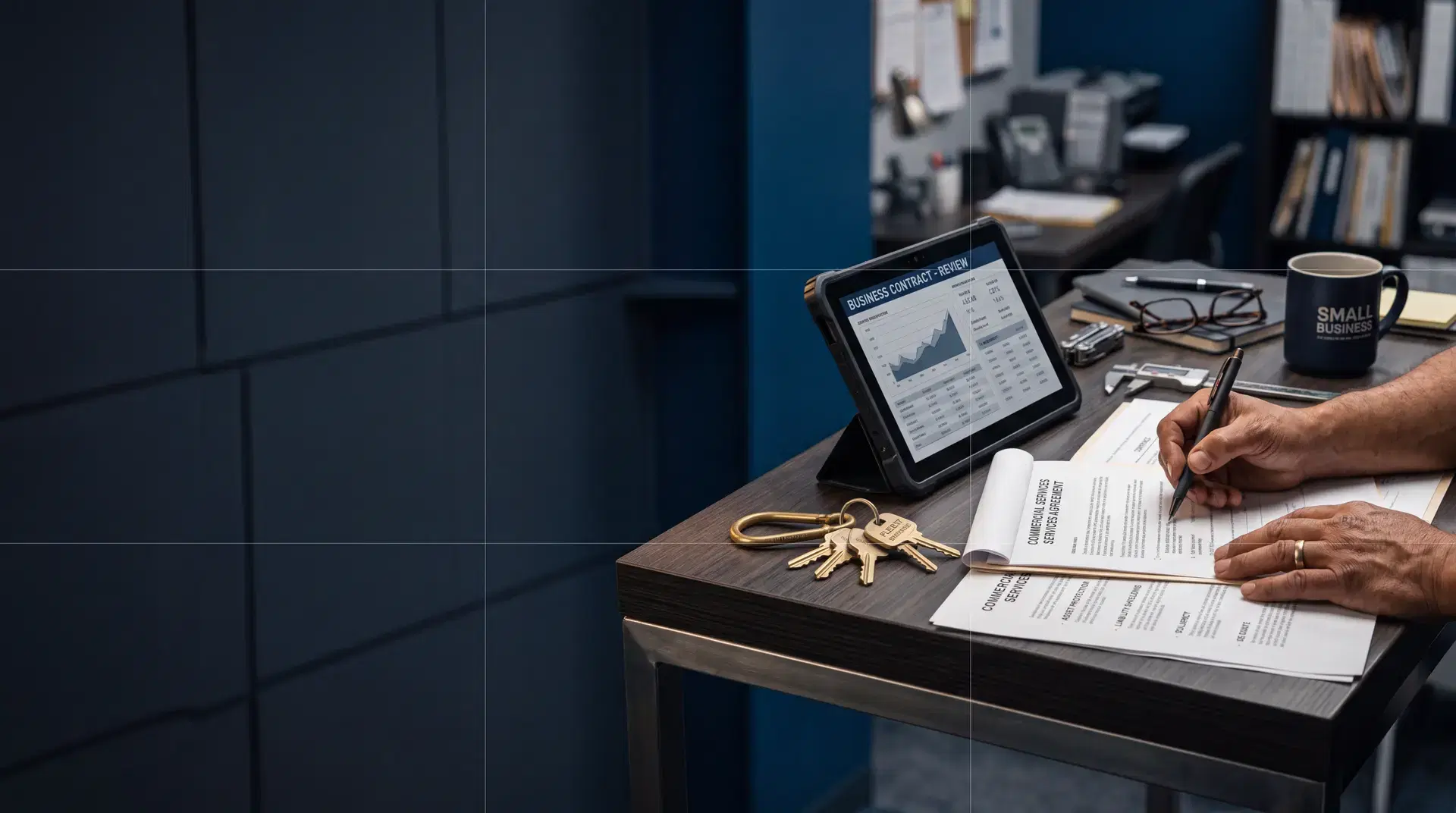 Dueño de negocio revisando contratos y datos financieros en su oficina, protegido por los seguros comerciales de Tampa Seguros